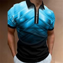 Men's Polos Men'S Polo Caucal Lapel Simple Shirt Man Golf Shirts 2023 Lattice Gradient 3d Print Graphic Zip Short Sleeves Men Clothing 230907