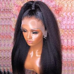 180 Density Coloured Black Glueless Yaki Kinky Straight Lace Front Wig For Women Bundles With Closure Heat Resistant Fibre Soft Dai218O