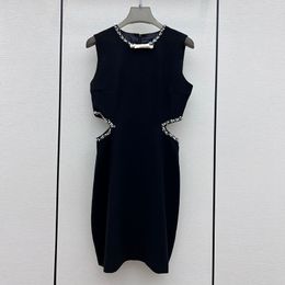 2023 Summer Black Solid Colour Ribbon Tie Bowknot Dress Sleeveless Round Neck RhinestoneKnee-Length Casual Dresses S3S01M222