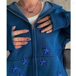 Women's Hoodies Y2k Zip Hoodie Star Embroidery Goth Punk Sweatshirt Navy Blue Sweat Jacket Gothic Long Sleeve Oversized