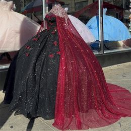 Black Shiny Princess Quinceanera Dress Ball Gown Straps Beaded Bow Off Shoulder With Red Cape 15th Party Gown Appliques Sweet 16 Dress