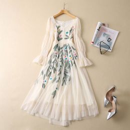 2023 Apricot Floral Embroidery Tulle Dress Long Sleeve V-Neck Sequins Midi Casual Dresses S3F021943