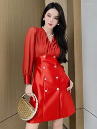 Casual Dresses Sweet Business Mini For Women 2023 Black Red Bubble Sleeve Double Breasted Pocket Gown Femme Professional Office Vestido