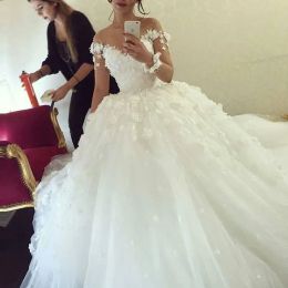 Floral Ballgown 3D 2023 Wedding Dresses Bridal Gown Applique Long Sleeves Sweep Train Ruffles Custom Made Plus Size Princess Vestido De Novia