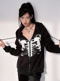 Women's Hoodies Wsevypo Goth Grunge Skeleton Print Autumn Outerwear Harajuku Oversized Long Sleeve Zip Up Hooded Sweatshirts