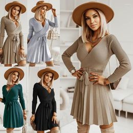 Casual Dresses 2023 Autumn/Winter Woollen Dress V-neck Pleated Knitted Short A-line