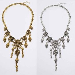 Choker M2EA Multi-Level Skull Collar Bib Necklace Antique Gold Skeleton Head Halloween Jewellery Horror Punk Tassel