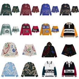 Jacquard Rhude Mens Hoodies Frog Drift Streetwear Rhude Sweater Oversize Cashew Flower Vintage Sweatshirts Shorts Tracksuits Thick281h