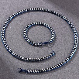 Chains 8MM Cuban Link Curb Chain Necklace & Bracelet Set For Men Golden Blue Stainless Steel Men's Necklaces Bracelets Man Ac216M