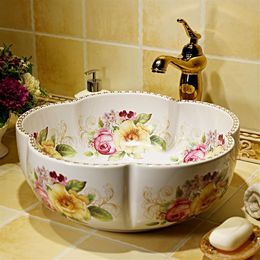 China Painting rose Ceramic Painting Art Lavabo Bathroom Vessel Sinks Round countertop decorative sink bowls bathoom sinks304L