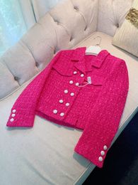 Autumn Hot Pink Solid Colour Tweed Jacket Long Sleeve Notched-Lapel Buttons Double-Breasted Jackets Coat Short Outwear A3G096569