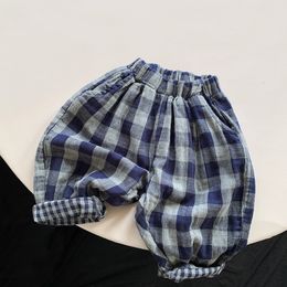 Trousers Celana Kotak kotak Anak anak Retro Biru Musim Semi Gugur Baru Korea Anak Laki laki dan Perempuan Lapisan Ganda Harem Kasual Katun WTP121 230907