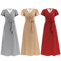 Casual Dresses Womens Summer Short Sleeve Wrap V-Neck Backless Lace-Up Long Dress Shiny Sparkly Belted High Waist A-Line Evening Gown