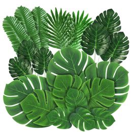 Faux Floral Greenery 21Pcs Tropical Palm Leaves Summer Monstera Artificial Silk Turtle Leaves For Home Hawaiian Luau Beach Wedding Party Decor 230907