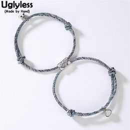 Uglyless 1Pair Lovers Infinity Bracelets Adjustable Rope Chain Bracelet for Couples 925 Silver Mountain Wave Bead Magnet Jewellery C229M