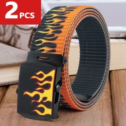 1/2Pcs Mens Womens Casual 130cm Length Canvas Adjustable Waist Belt with Flame Grain Buckle Clothing Accseeories