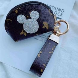 Presbyopia Keychain Buckles Car Keys Holder Bag Key Ring Cute Brown Flower Rhinestone Mouse PU Leather Keyring Pendant Fashion Des304S