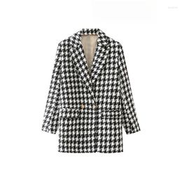 Women's Suits Women Fashion Houndstooth Tweed Blazer Coat Vintage Long Sleeve Flap Pockets Female Outerwear Chic Veste Femme