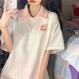 Deeptown Kawaii Preppy Style Cartoon White T-shirts Women Oversize Sweet Korean Style Cute Short Sleeve Top Casual Polo Tshirts