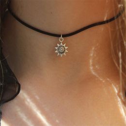 Choker Sun Necklace Silver Sunflower 90s On Black Cord Boho Women Fashion Leather Jewelry