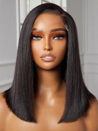 14" Light Yaki Straight Blunt Cut Bob Wig Undetectable Real HD Lace Glueless Wigs Human Hair Pre Plucked C-shaped Side Part Short Black Bob Wig