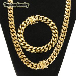 High Quality Stainless Steel Jewellery Sets 18K Gold Plated Dragon Latch Clasp Cuban Link Necklace & Bracelets For Mens Curb Chain 12851