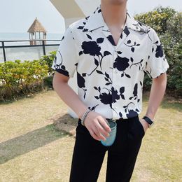 Men's Casual Shirts Fashion Summer Thin Short Sleeve Floral For Men Clothing 2023 Turn Down Collar Slim Fit Tuxedo Camisas De Hombre