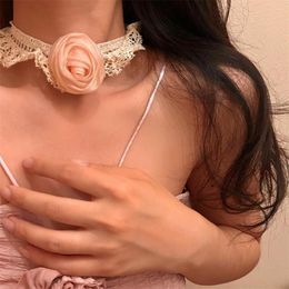 Choker 2023 Harajuku Sweet Lace Rose Flower Necklace Fairy Cute Handmade Short Chain For Women Girls Korean Fashion Jewellery Gift