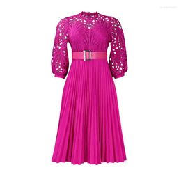 Casual Dresses 2023 Spring Summer Women Pleated Dress Lace Spliced Crochet Hollow-out Party Maxi Female Solid Belt Slim A-line