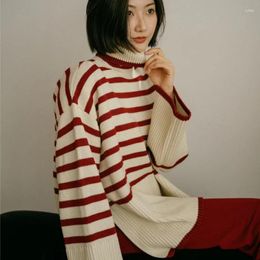 Women's Sweaters Fashion Red Striped Turtleneck Knitted Pullover Loose Top 2023 High Quaity Clothes Female ToT