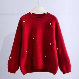 Women's Sweaters Bow Beaded Red Knitted Women Sweater Pullovers Autumn Winter Solid Loose Casual Female Pulls Outwear Tops