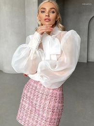 Women's Blouses See Through Women Sexy Puff Sleeve Mesh Top Female Fashion Bow Lace Up Shirt Lady Elegant Transparent Solid Colour Blouse