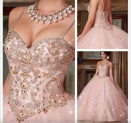 Yapıldı Quinceanera Özel Elbise 2023 Pembe Kristal Balo Elbise 15 16 Yıllık Balo Partisi Dres ES