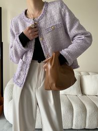 Sinan Limited Sweet Potato Woven Soft Woollen Low Saturation Light Purple Tassel Gold Buckle Short Coat Classic Style Spring Sn2852