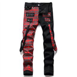 Fashion Red Plaid Jeans Patchwork Punk Zipper Men Pencil Trousers Y2K Buckle Hip Hop Gothic Slim Denim Pants Pantaloni Uomo261l