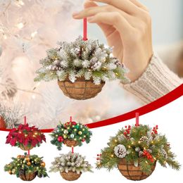 Christmas Decorations Artificial Hanging Flower Basket Pendant 2D Green Red Wreath Plant Xmas Tree Ornaments Merry Decoration Noel 230907