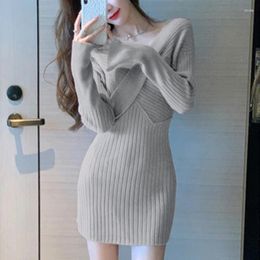 Casual Dresses Korean Elegant Chic Long Sleeve Off Shoulder Knitted Sweater Dress Women 2023 Spring And Autumn Female Sexy Slim Mini