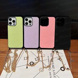 Fashion Imprint Letter Flower Phone Case for iPhone 15 14 13 12 Pro Max Leather Back Shell Protection Cover with Handy Chain Shoulder Strap Style