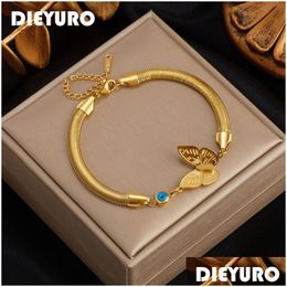 Charm Bracelets Dieyuro 316L Stainless Steel Gold Color Blue Eye Butterfly Bracelet For Women Luxury Fashion Girls Wrist Jewelry Gifts Dh5Nr