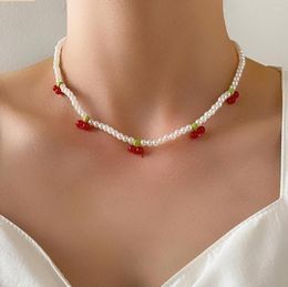 Choker Vintage Cherry Pearl Beaded Chain Necklace Women Fahion Korean Style Girlhood Summer Favour Girly