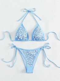 Women's Swimwear 2023 Women Luxurious Rhinestone Swimsuit Blue 2 Piece Bikini Set Sexy V-neck Suspender Lace-Up Bathing Suit Beachwear