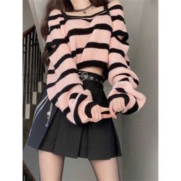 Deeptown Grunge Y2k Striped Pink Sweater Women Kpop Hippie Gothic Off Shoulder Oversize Knit Top Harajuku Streetwear Crop Tops