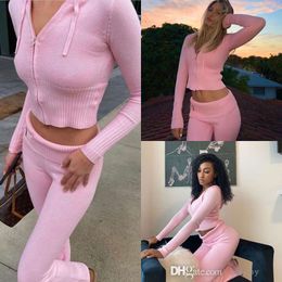 Autumn Knitted Tracksuit Women Sporty Sexy Clothes Two Piece Set Solid Color Long-sleeve Hooded Cardigan Coats And High Waist Pants Sportwear Casual Suits