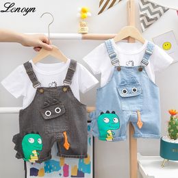 Rompers Lenoyn Summer Children's Denim Strap Pants Boys' Cartoon Pockets Dinosaur Cute Clothing Tshirt Short Sleeve 230907