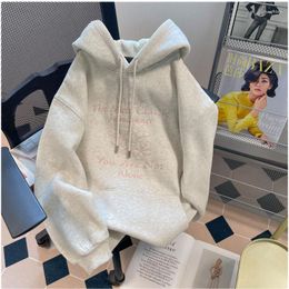 Women's Hoodies Y2K Style Autumn Female Pullover Tops Grey Plush Hooded Embroidery Vintage Long Sleeve Korean Fashion Casual Women