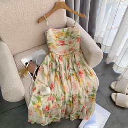 Casual Dresses Bugilaku Beach Style Spaghetti Strap Dress Women Flower Printed Temperament Gentle Female Folds Slim A-line Robe Femme