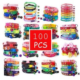 Dog Collars Leashes Wholesale 100 Pcs With Bell Kitten Collar Neck Strap Quick Release Adjustable Cat Necklace Paw Print Positioning Pet 230907