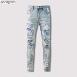 American Amiirii 2023 Purple Jean Jeans Demin Mens High Fashion Street Colourful Hot Diamond Patch Live Slim Fit