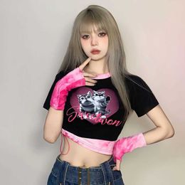 Deeptown Y2k Streetwear Cat Black Crop Top Women Hippie Kpop Coquette Split Sleeves Tees Korean Fashion Patchwork Drawstring Top