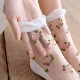 Women Socks Summer Ultra-thin Transparent Crystal Silk Vintage Harajuku Flower Embroidery Lace Japanese Kawaii Cute Ruffle